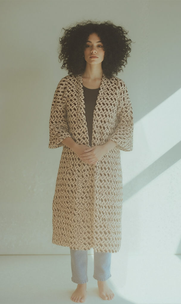 Printed Linen Kimono - Beige Geometric Pattern