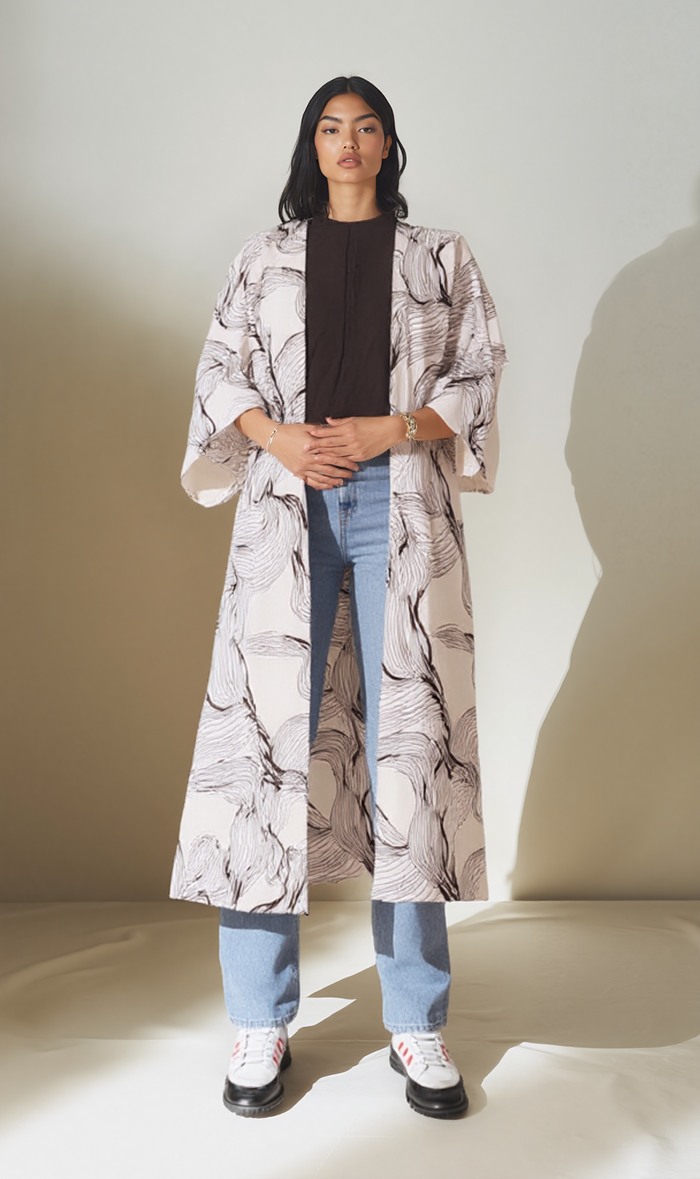 Rozalin Printed Kimono - Black & White Abstract