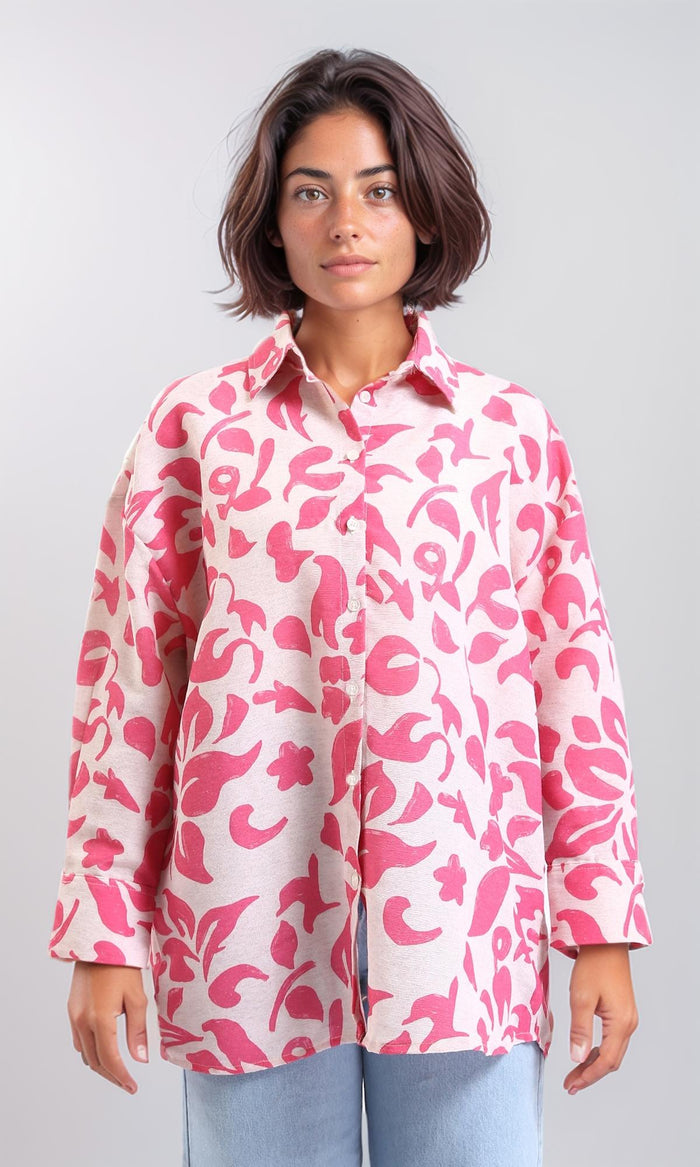 Long Sleeves Floral Buttoned Shirt - Fuchsia & Beige