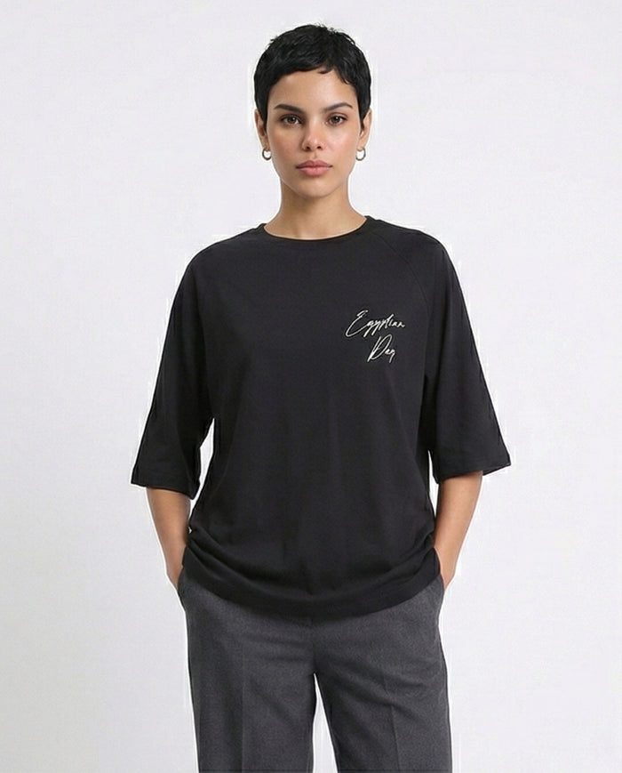 Slip On Relaxed Fit Cotton Long Tee - Black
