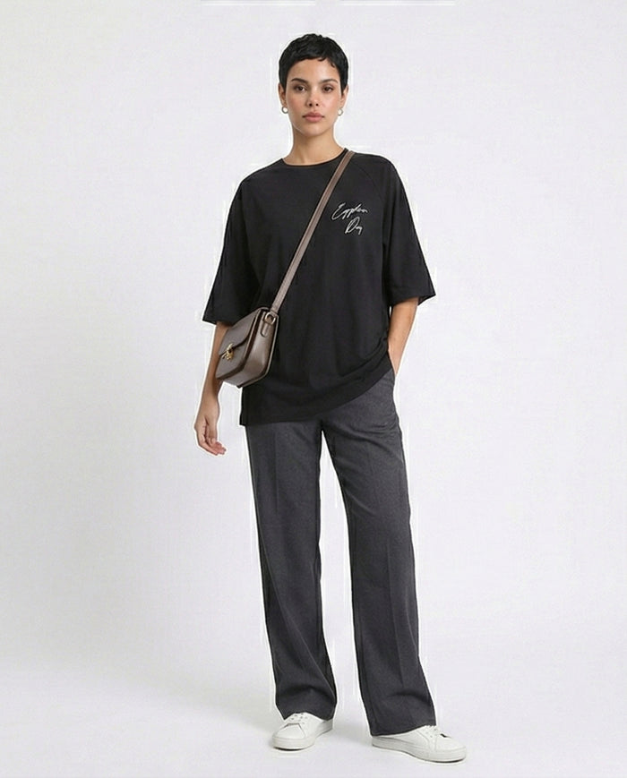 R208520 - Slip On Relaxed Fit Cotton Long Tee - Black