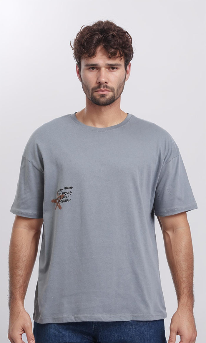 Crew Neck Printed Cotton Tee - Medium Grey