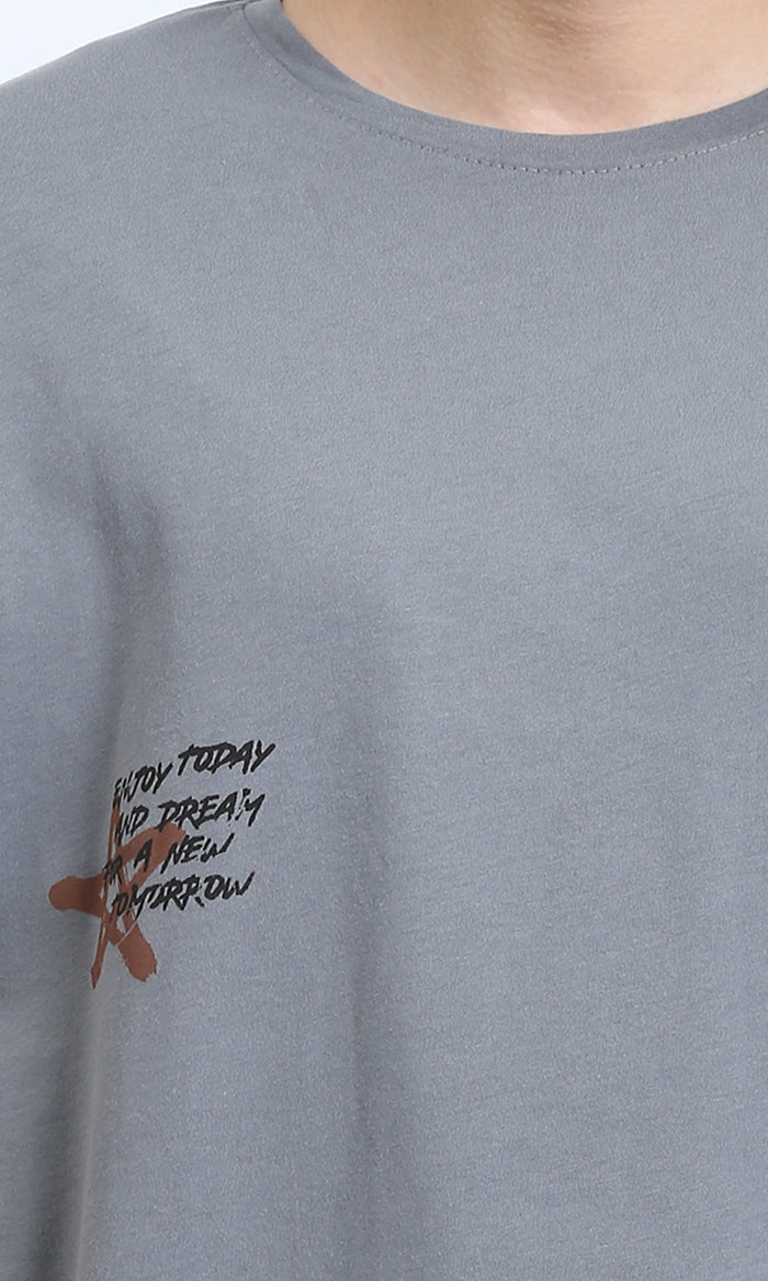 R208553 - Crew Neck Printed Cotton Tee - Medium Grey