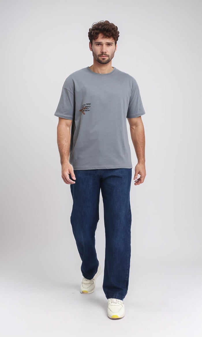 R208553 - Crew Neck Printed Cotton Tee - Medium Grey