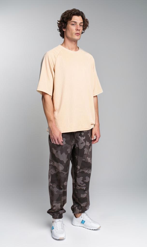 R208593 - Waffle Textured Oversized T-Shirt - Sand Beige