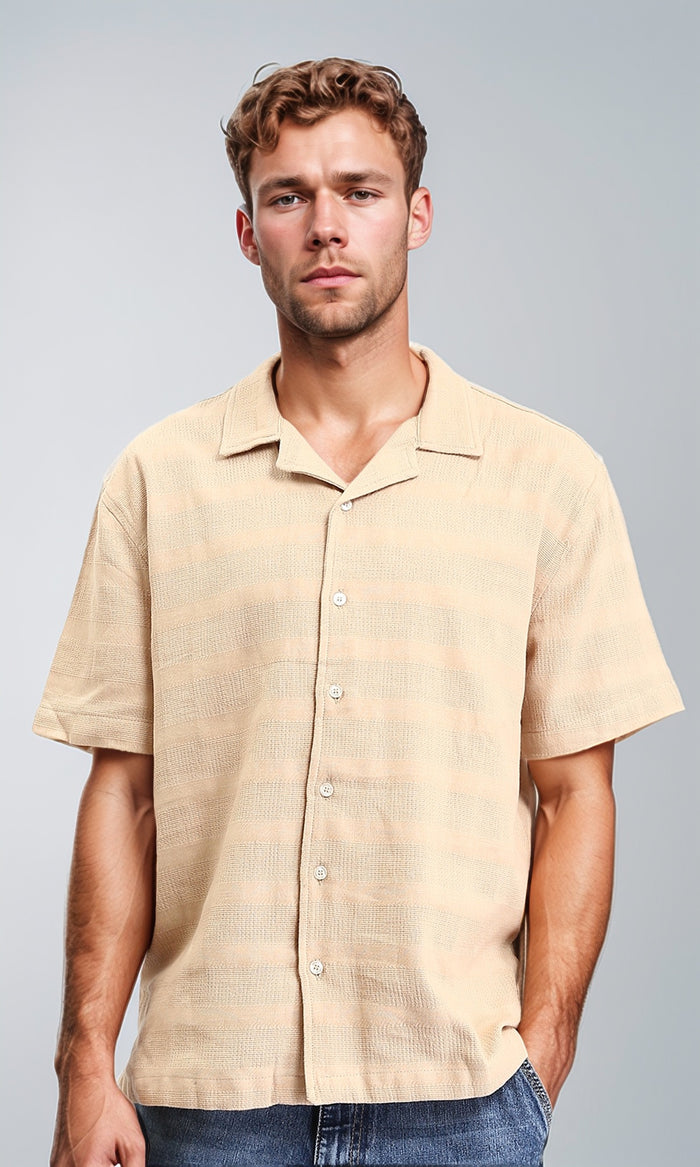 Self Striped Buttons Down Summer Shirt - Light Camel