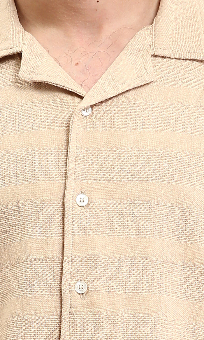 R208596 - Self Striped Buttons Down Summer Shirt - Light Camel