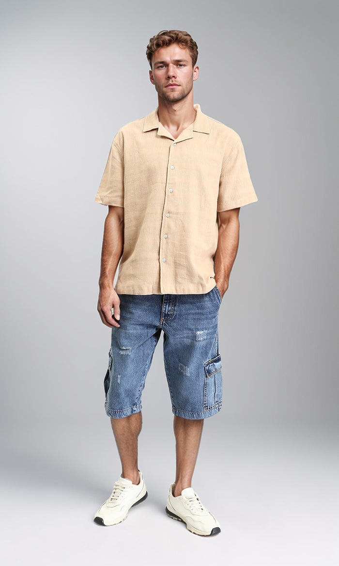 R208596 - Self Striped Buttons Down Summer Shirt - Light Camel