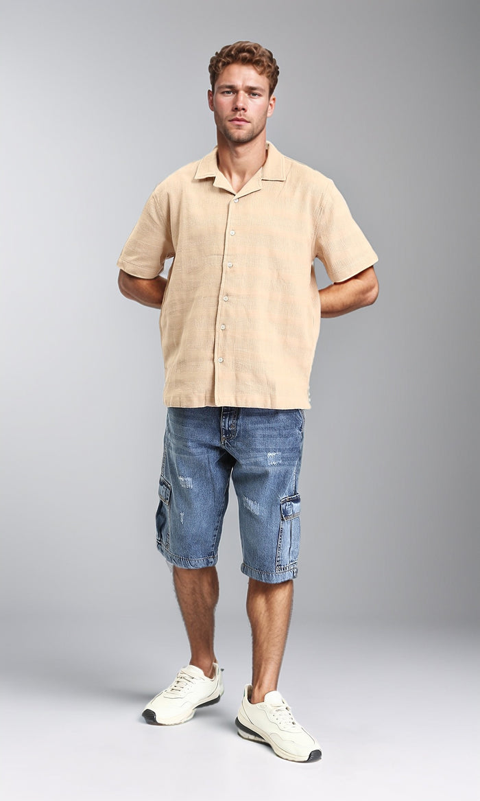 R208596 - Self Striped Buttons Down Summer Shirt - Light Camel