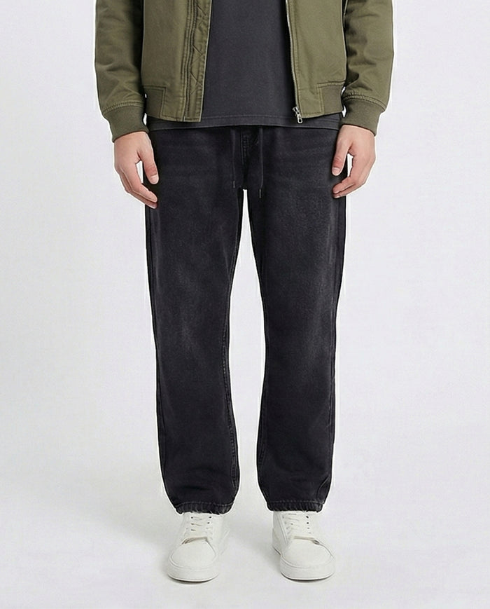 Elastic Waist Wide Solid Denim Pants - Black