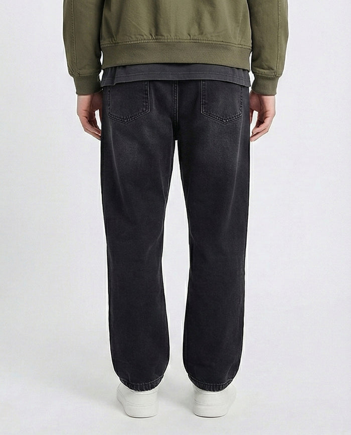 R208744 - Elastic Waist Wide Solid Denim Pants - Black