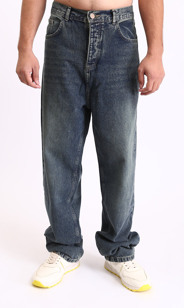 Wide Casual Denim Pants with Front Wash - Greenish Blue