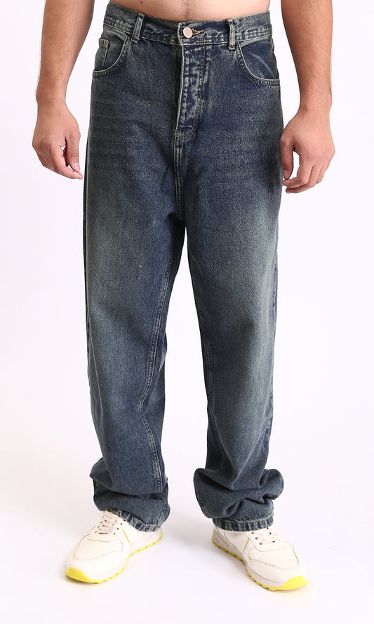 Wide Casual Denim Pants with Front Wash - Greenish Blue