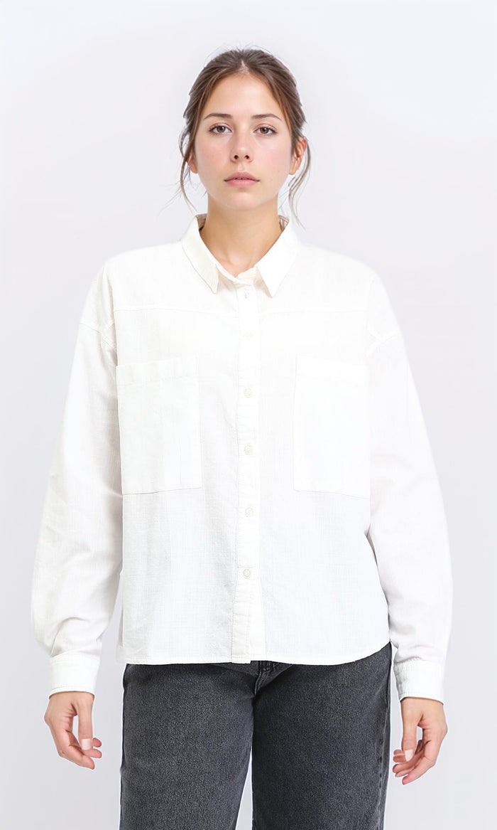 Solid Buttoned Shirt with Patched Pockets - Off-White