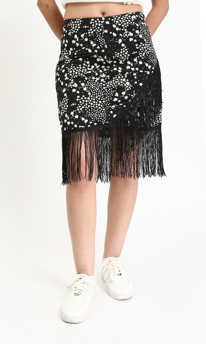 Patterned Zipped Short Skirt with Fringes - Black & White