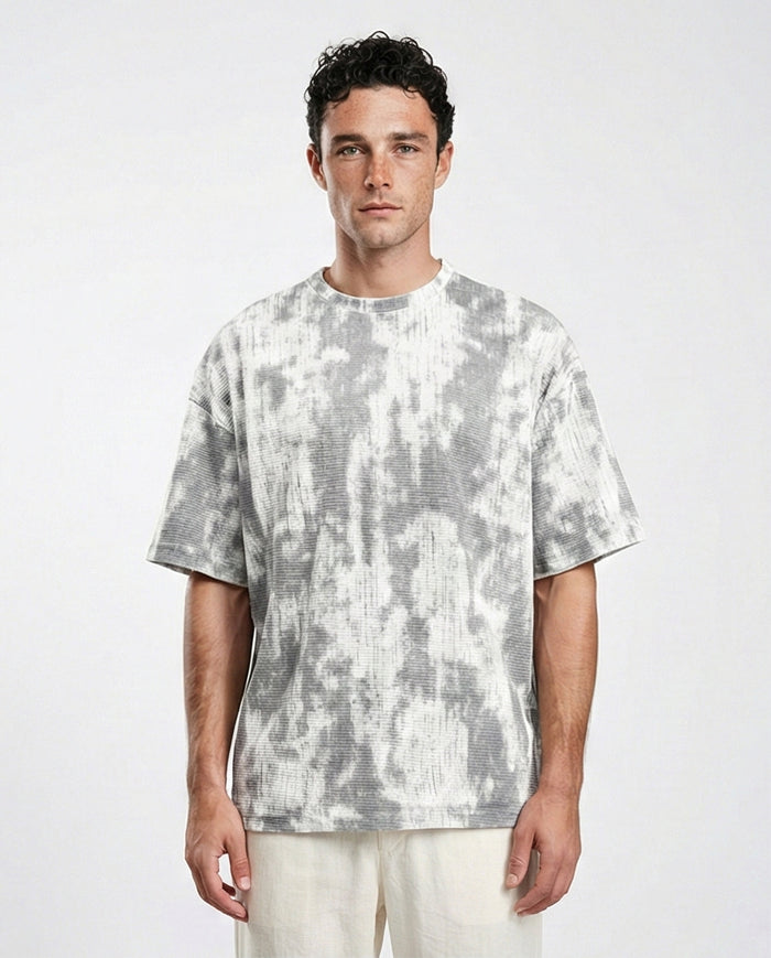 Tie Dye Elbow Sleeves Cotton Tee - White & Grey
