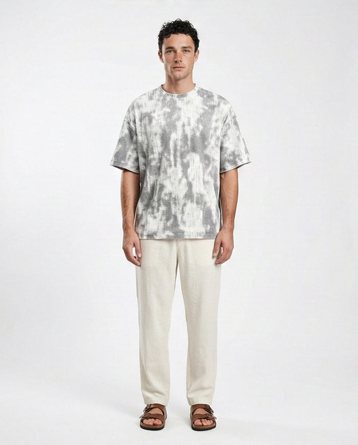 R208961 - Tie Dye Elbow Sleeves Cotton Tee - White & Grey