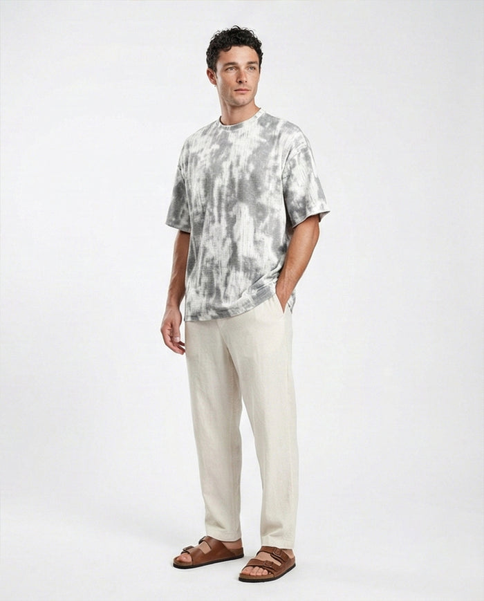 R208961 - Tie Dye Elbow Sleeves Cotton Tee - White & Grey