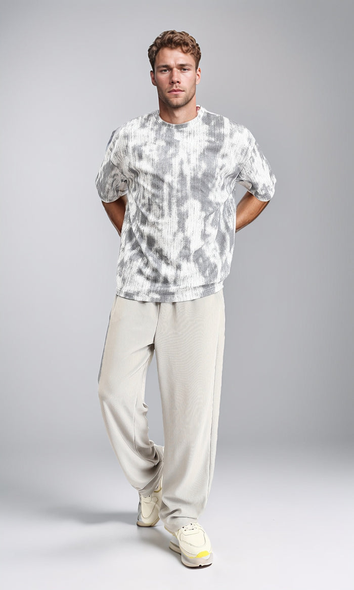 R208961 - Tie Dye Elbow Sleeves Cotton Tee - White & Grey