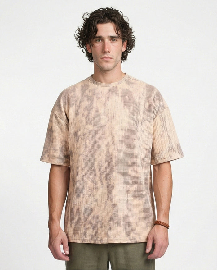Waffle Textured Oversized T-Shirt - Beige & Brown