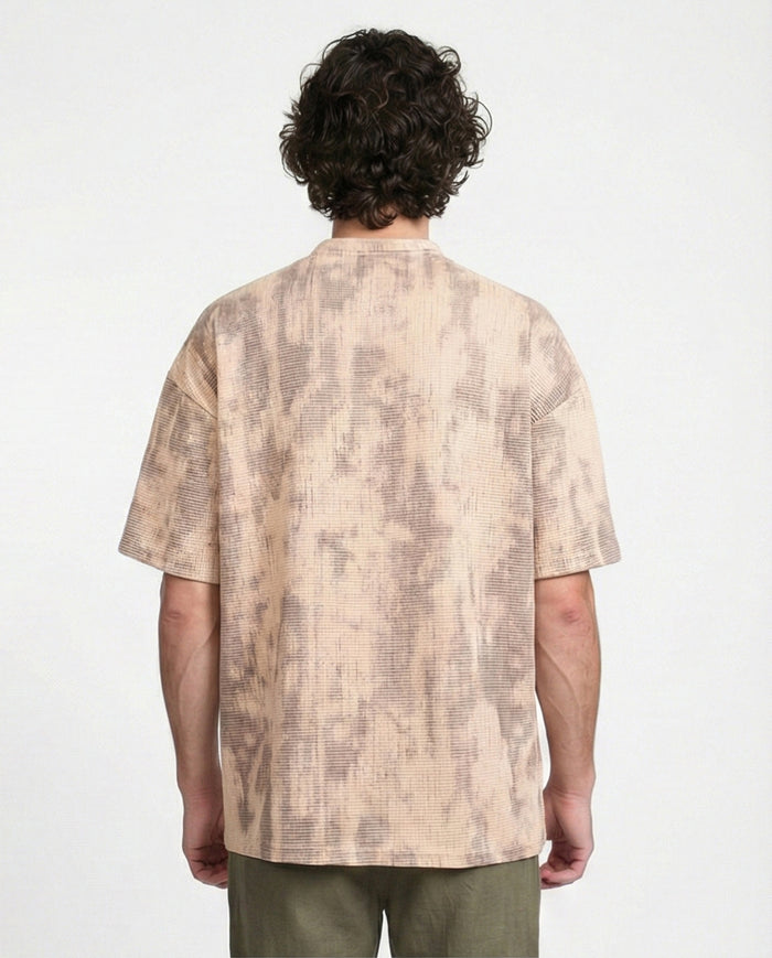R208964 - Waffle Textured Oversized T-Shirt - Beige & Brown