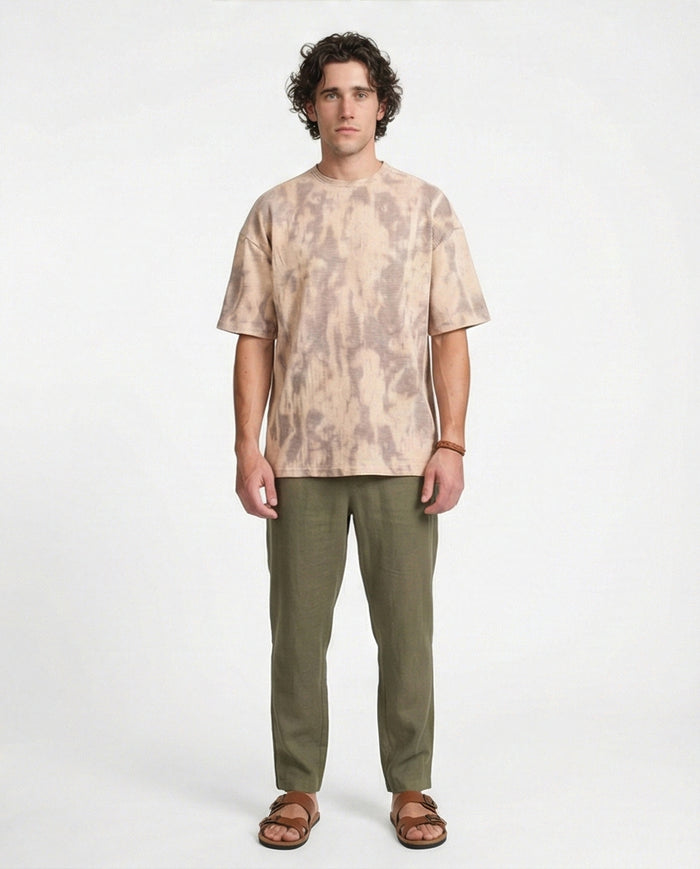 R208964 - Waffle Textured Oversized T-Shirt - Beige & Brown