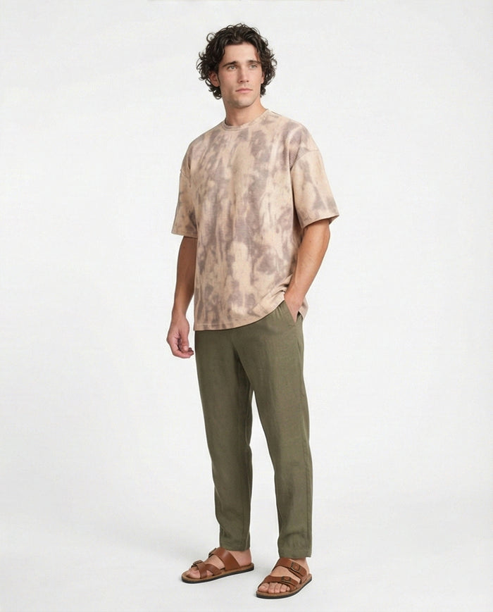 R208964 - Waffle Textured Oversized T-Shirt - Beige & Brown