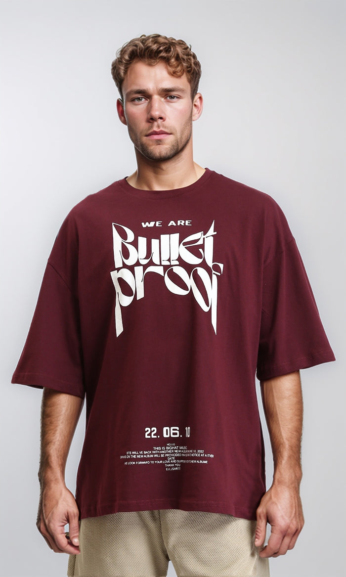 Relaxed Fit Printed Elbow Sleeves Tee - Burgundy