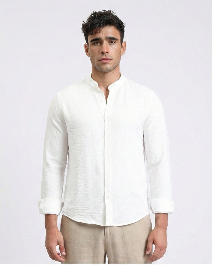 Textured Shirt with Mandarin Collar - White