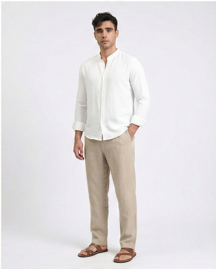 R209097 - Textured Shirt with Mandarin Collar - White