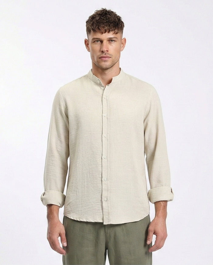 Regular Long Sleeves Mandarin Shirt - Ecru