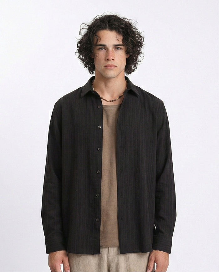Self Textured Long Sleeves Summer Shirt - Black