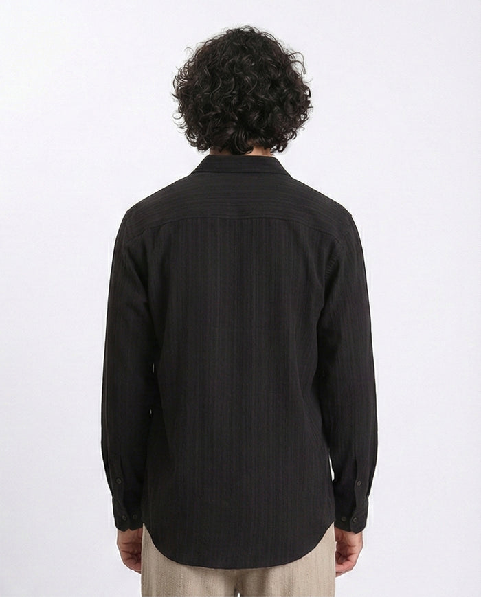 R209101 - Self Textured Long Sleeves Summer Shirt - Black