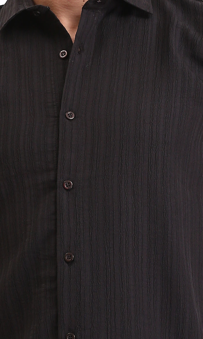 R209101 - Self Textured Long Sleeves Summer Shirt - Black