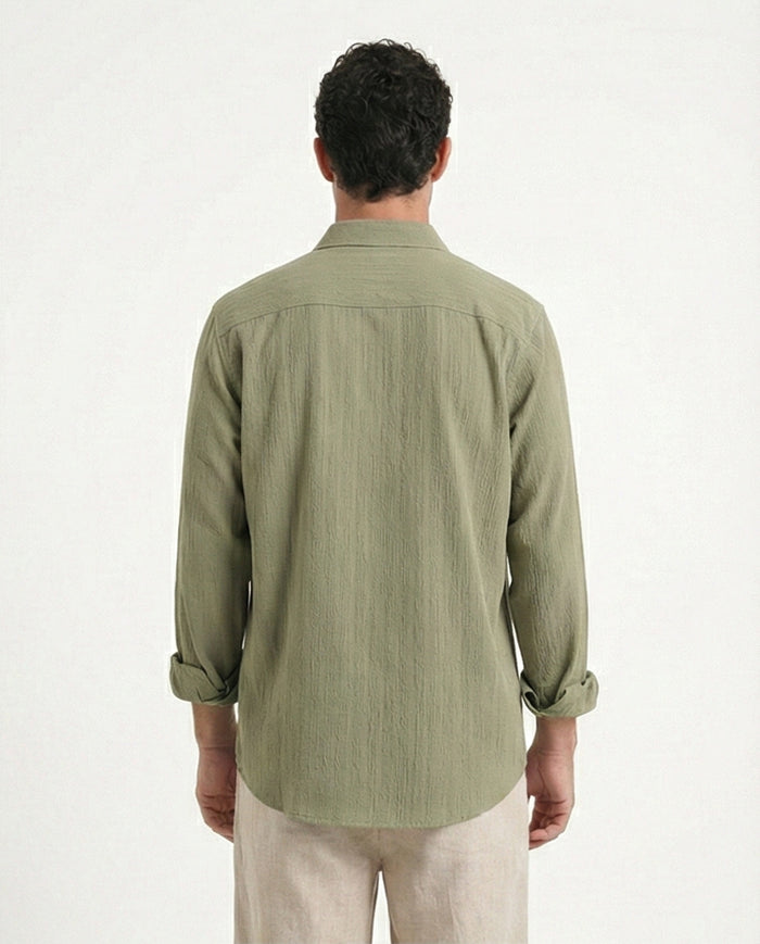 R209102 - Self Textured Long Sleeves Summer Shirt - Olive