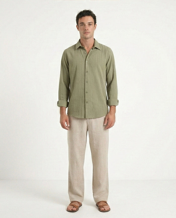 R209102 - Self Textured Long Sleeves Summer Shirt - Olive
