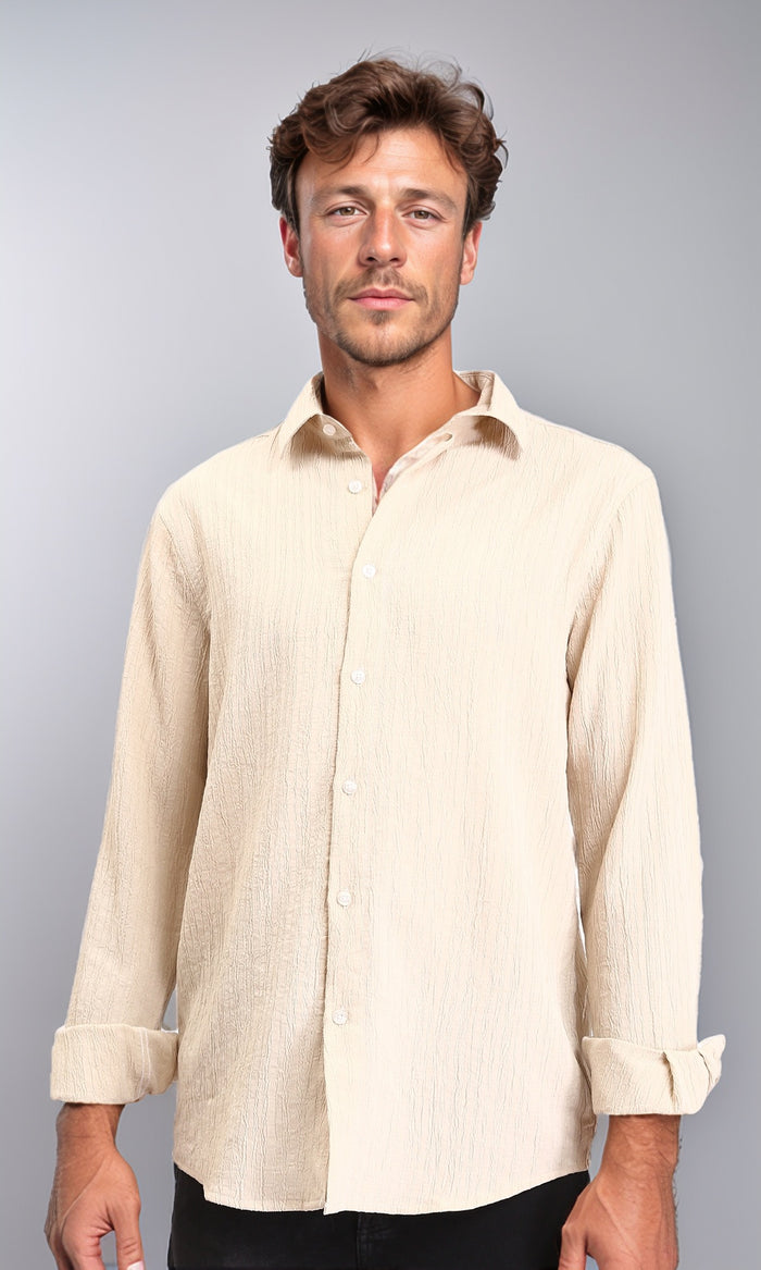 Self Textured Long Sleeves Summer Shirt - Ivory