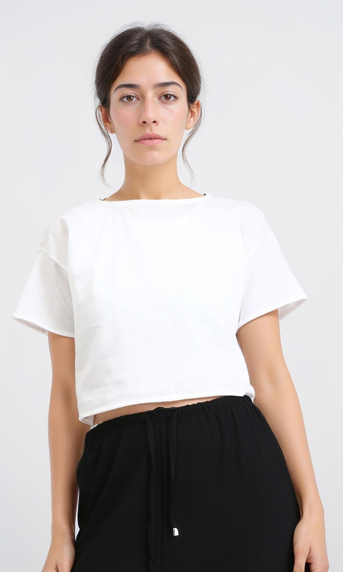 Solid Cotton Tee with Back Fringes - White
