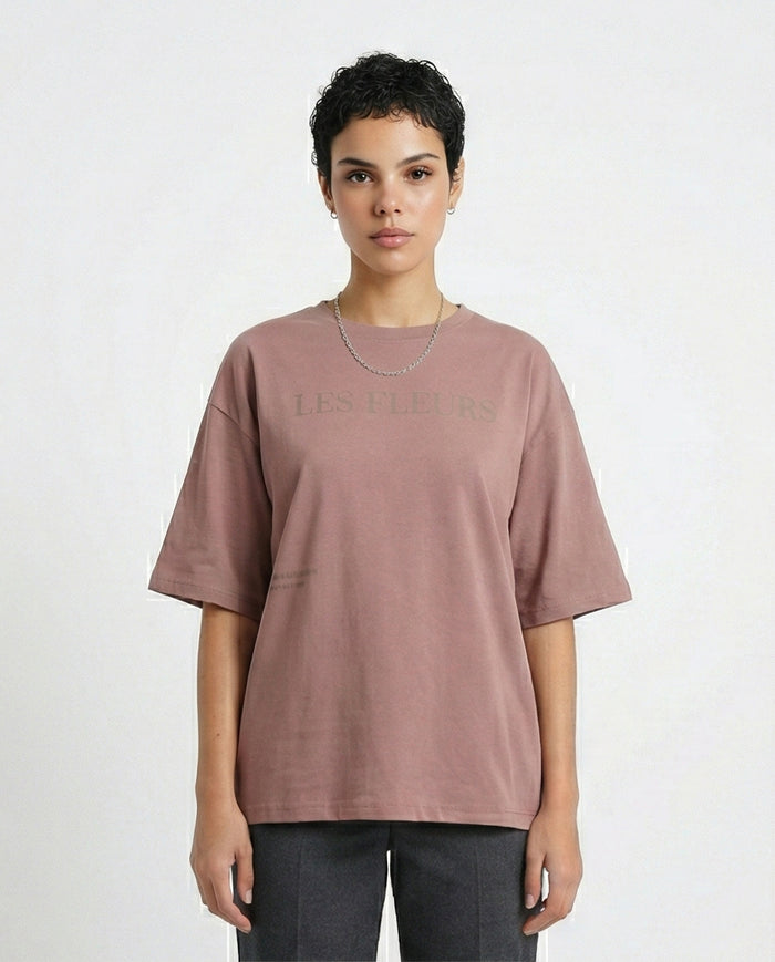 Elbow Sleeves Printed Casual Tee - Dark Nude