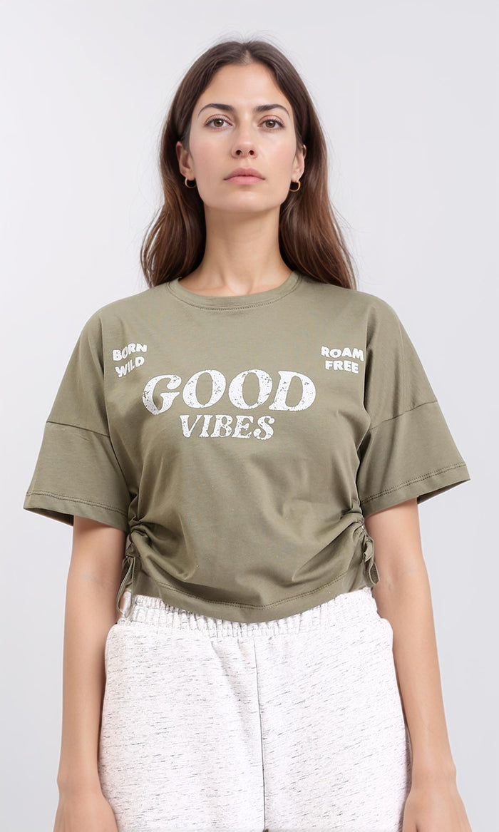 "good Vibes" Printed Slip On Short Tee - Olive