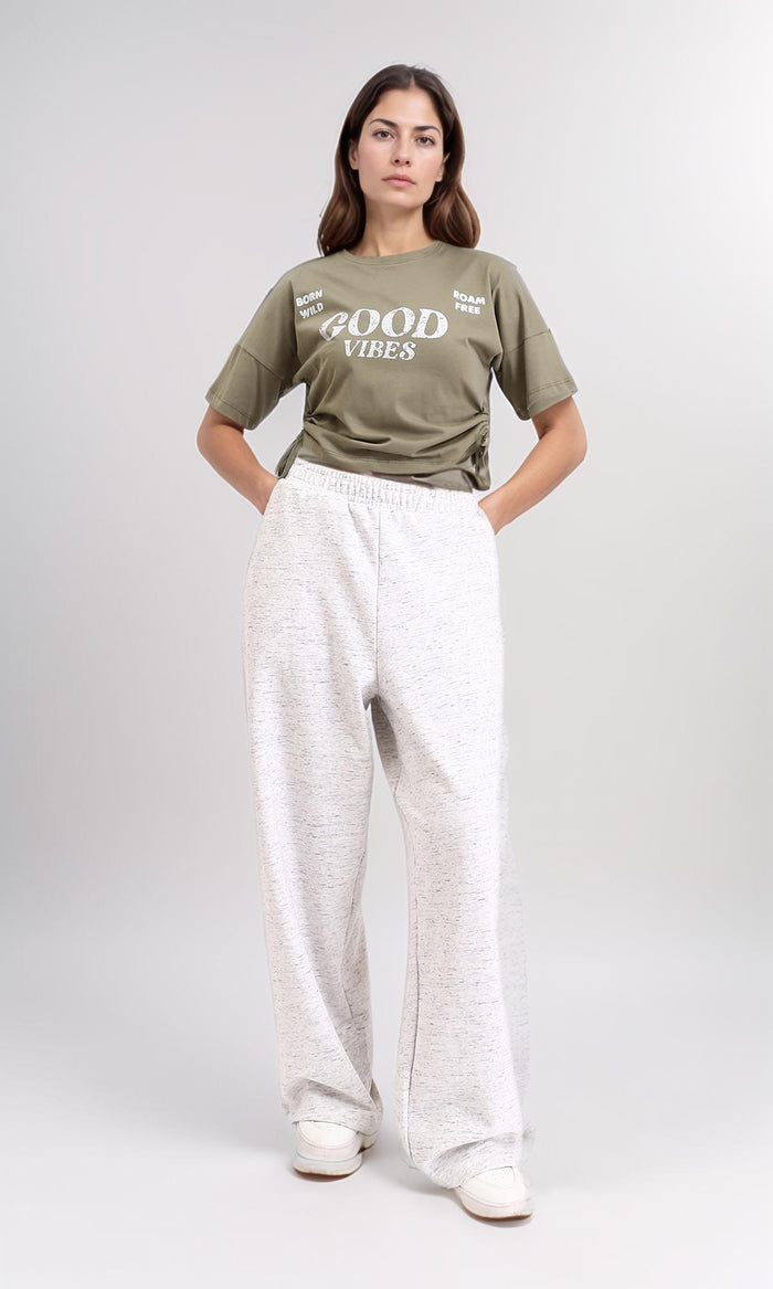 R209234 - "Good Vibes" Printed Slip On Short Tee - Olive