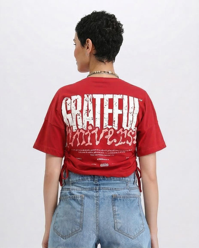 R209235 - Elbow Sleeves Tee with Side Drawstrings - Red