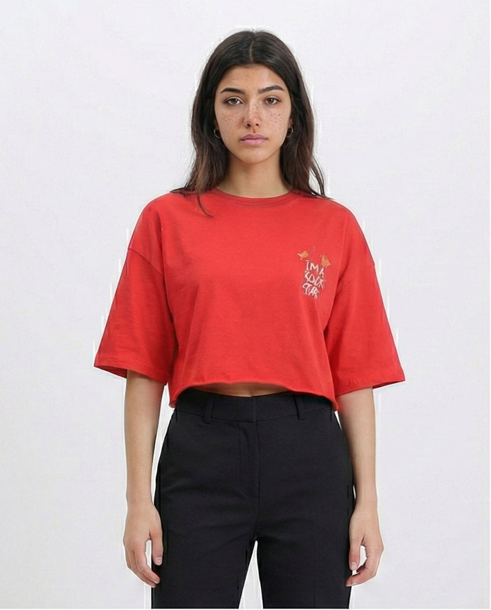 Printed Relaxed Fit Cotton Tee - Red