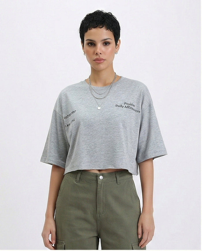 Printed Relaxed Fit Cotton Tee - Heather Grey