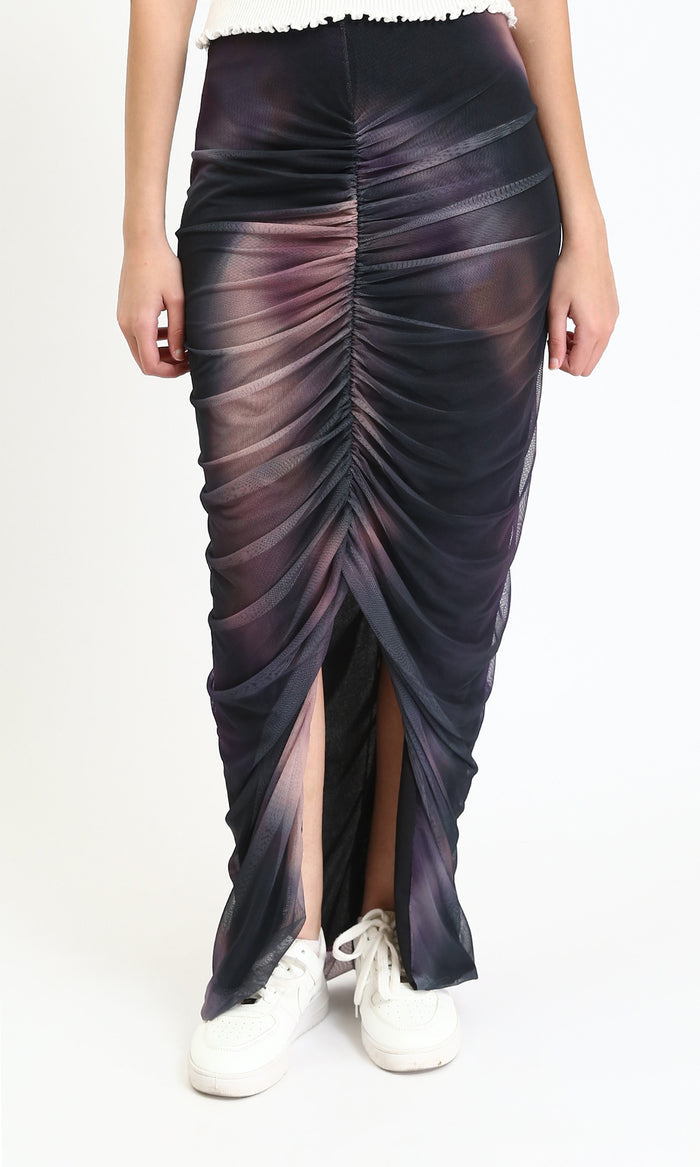 Slip On Tulle Skirt with Front Slit - Coffee & Black