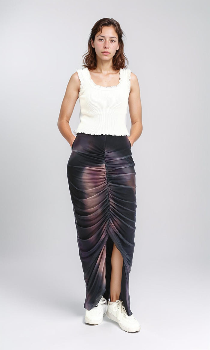R209248 - Slip On Tulle Skirt with Front Slit - Coffee & Black