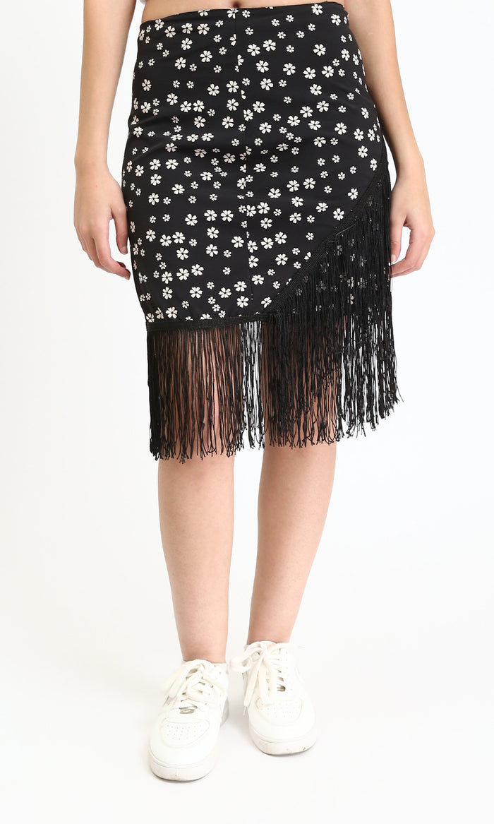 Floral Zipped Short Skirt with Fringes - Black & White