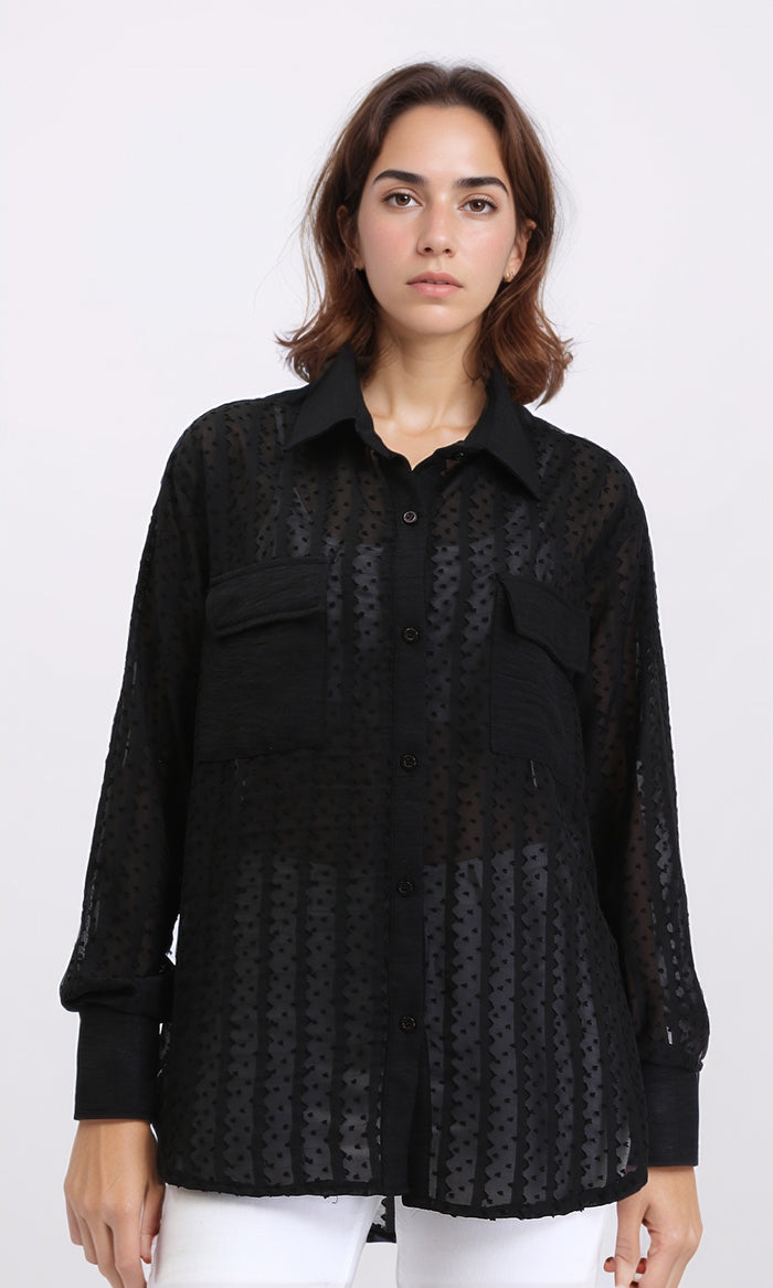 Self Pattern Summer Sheer Shirt - Black