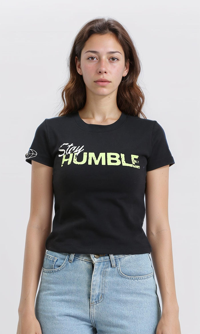 Round Neck Printed Short Sleeves Tee - Black