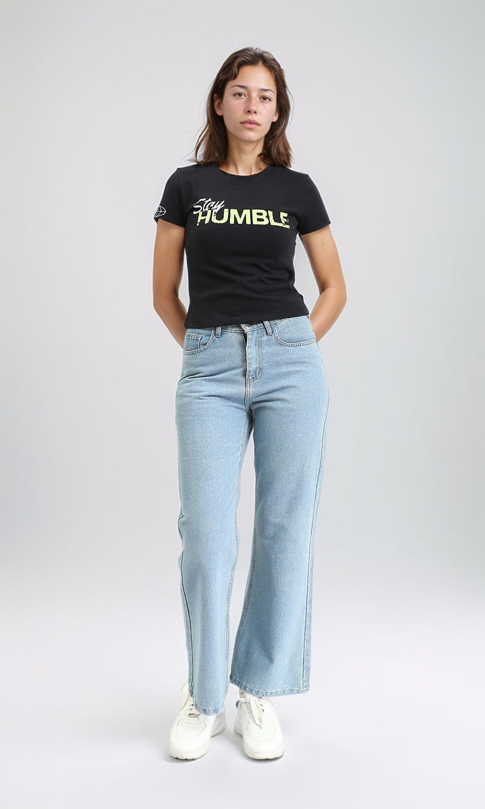 R209438 - Round Neck Printed Short Sleeves Tee - Black
